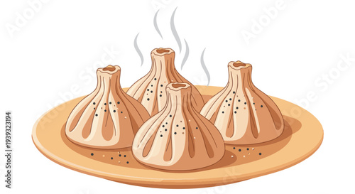 Georgian khinkali  on a plate with pepper with steam rising above , local flavor