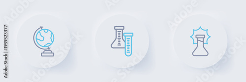 Set line Explosion in the flask, Test tube and Earth globe icon. Vector