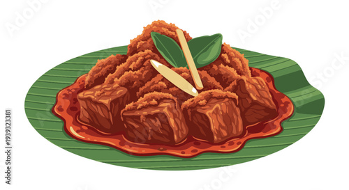  indonesian rendang, Traditional dish of beef stew served on green leaf plate  , local flavor
