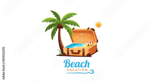 Beach Vacation Illustration with Treasure Chest and Palm Tree.