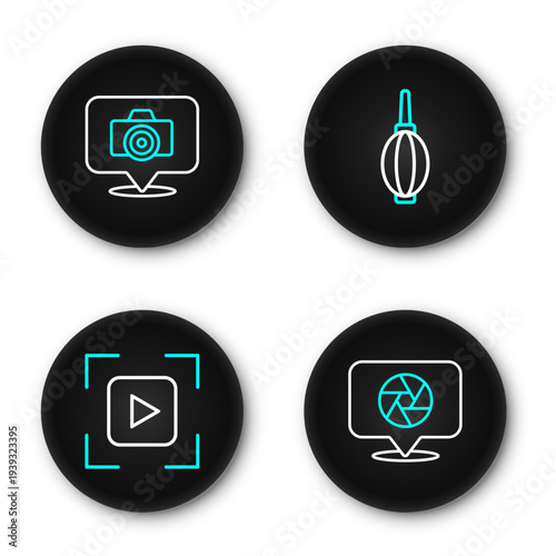 Set line Camera shutter, focus frame line, Dust blower and Photo camera icon. Vector