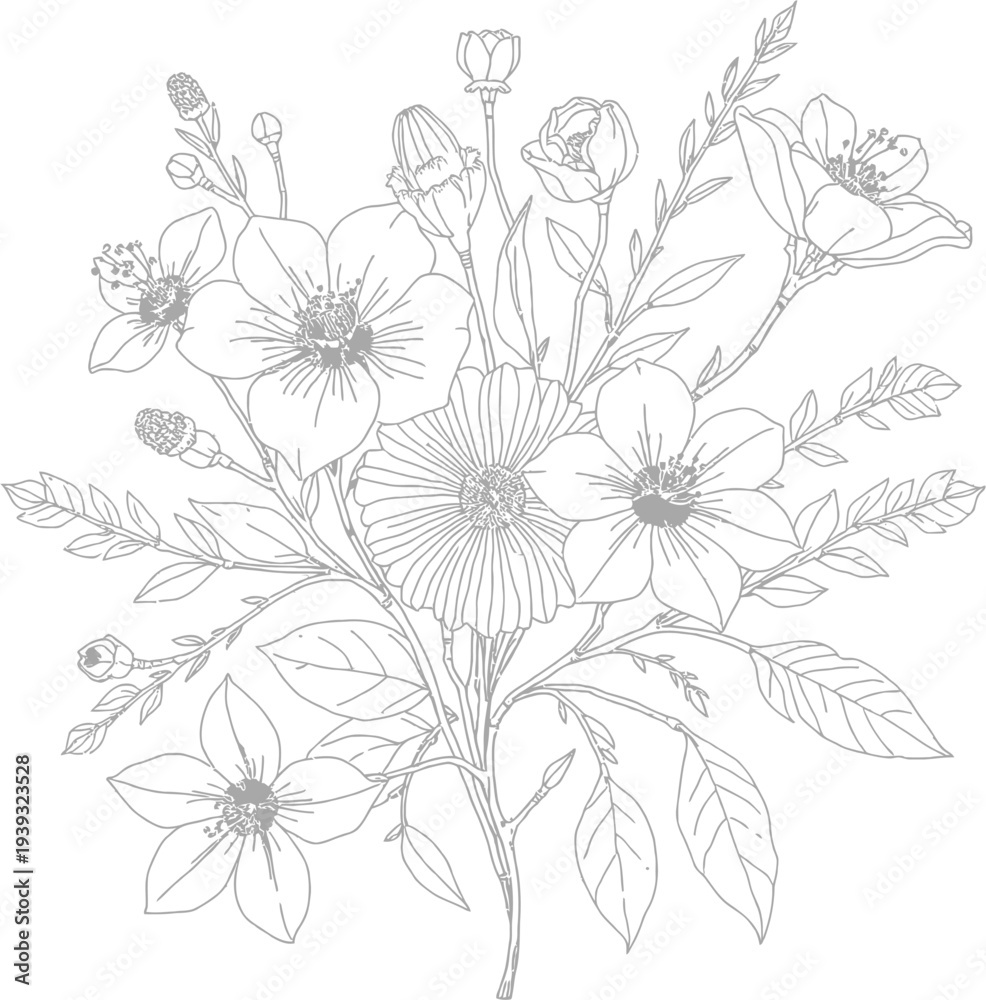 Fototapeta premium Intricate line art drawing of a beautiful floral bouquet with various flowers and leaves.