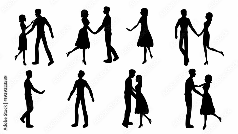 Fototapeta premium Silhouettes of couples and solo dancers in various poses and movements
