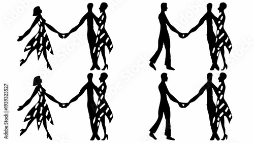 Silhouettes of dancing couples in elegant poses for ballroom events