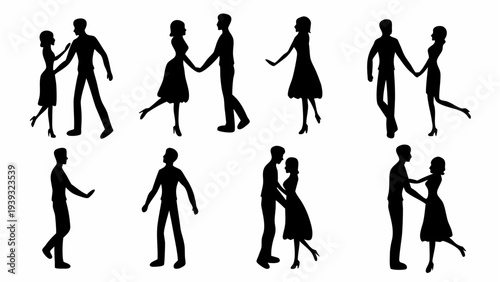 Silhouettes of couples and solo dancers in various poses and movements