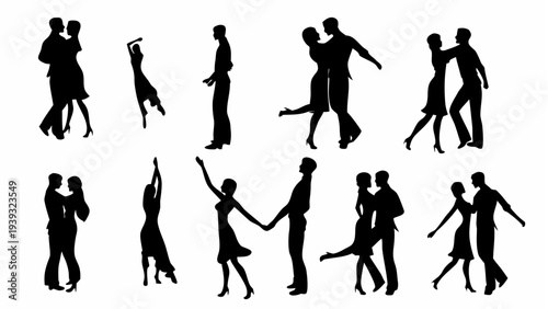 Silhouettes of couples dancing together in various romantic poses and movements