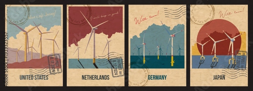 United States, Netherlands, Germany, Japan Wind Farm Attraction Postcard, Offshore Wind Power Popular Place Illustration, Vector Template Retro Style Greeting Card. Vintage Colors, Aged Paper Texture