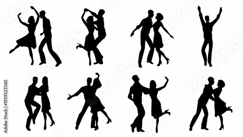 Silhouettes of couples and solo dancers in dynamic poses