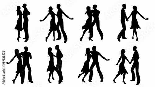 Silhouettes of couples dancing together in various poses and styles