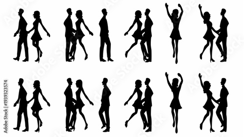 Silhouettes of couples dancing together in various poses and styles