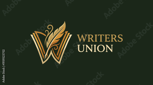 This image presents a sophisticated logo design for a writers' union, featuring a stylized feather that symbolizes creativity, knowledge, and literary elegance.