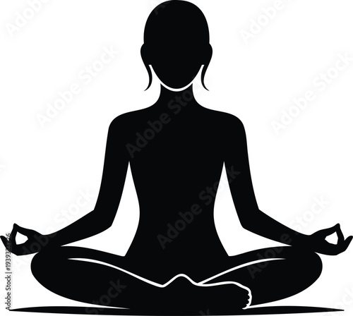 Black silhouette vector illustration of a woman meditating in a lotus yoga pose, symbolizing peace, mindfulness, and relaxation for health and wellness designs.