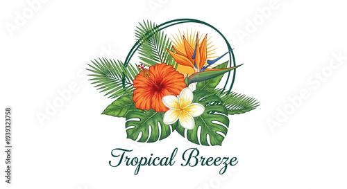 Tropical Breeze floral arrangement with exotic flowers and leaves.