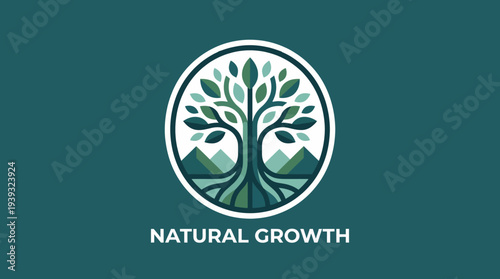 This image features a stylized tree design symbolizing natural growth, balance, and eco-friendliness, framed by mountains and enhancing the theme of sustainability and wellness.
