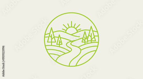 The image captures a lush landscape with rolling hills, a winding river, and a rising sun, representing serenity and the beauty of nature, ideal for outdoor and travel themes.