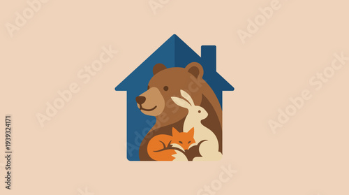 A playful logo featuring a house surrounded by adorable animals, ideal for pet services, shelters, or family-friendly brands aiming to create a warm connection.