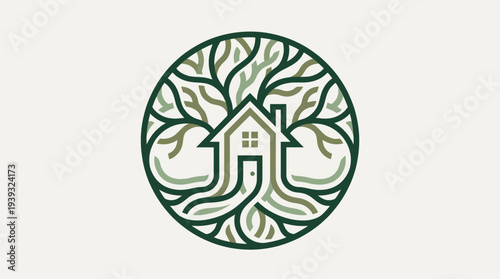 This logo features a tree intertwined with a house, symbolizing home, nature, sustainability, and community, suitable for real estate or eco-friendly businesses.