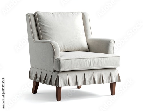 Wingback armchair with pleated skirt in off-white linen with brown piping against a clean white background