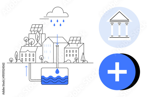 Rainwater harvesting concept. Rainwater storage system integrated into urban renewable energy initiatives. Rainwater as a sustainable resource for communities. For sustainability, urban planning