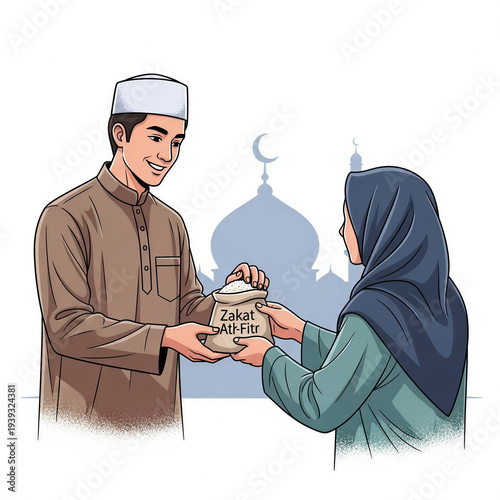 Young Muslim man giving Zakat al-Fitr donation to woman in mosque  