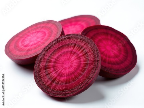 Freshly cut beets arranged neatly on a clean white surface, great for food photography or styling