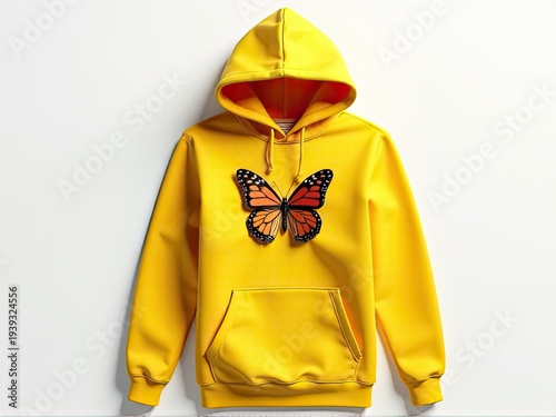 A person wearing a yellow hoodie with a butterfly design