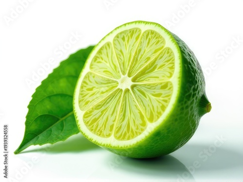 A lime cut in half with leaves on a white surface, ideal for food photography and recipes