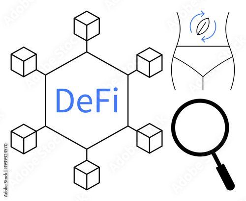 Decentralized Finance. Blockchain-based financial system, DeFi, transforming global transactions. Magnifying glass scrutiny. Ideal for blockchain, fintech, healthcare, and innovation