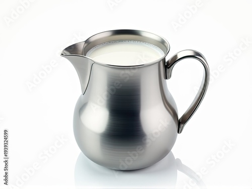 A ceramic pitcher filled with milk sits on a clean white surface