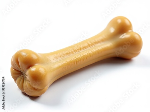 A bone shaped dog toy placed on a white surface, perfect for photography studio or pet store use