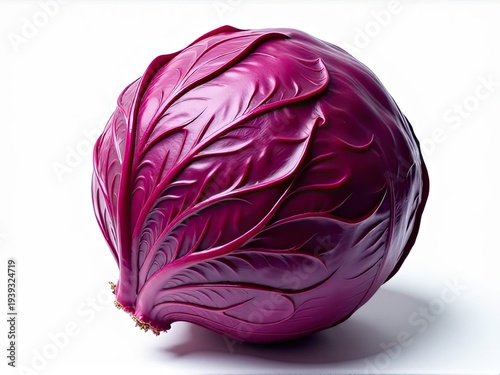 Close-up shot of a bright red cabbage on a white background