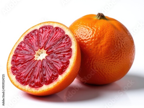 A fresh blood orange cut in half, revealing its juicy pulp and seeds