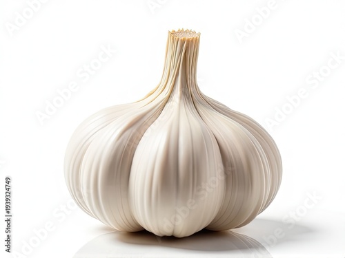 A close-up shot of a single garlic bulb on a white background, great for use in recipes or cooking related content