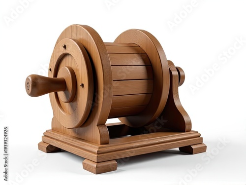 A wooden spool on a stand on a white background, perfect for photography and craft projects