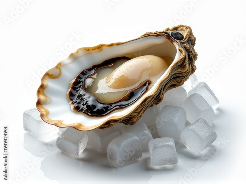 Fresh oyster served with ice cubes on a clean white surface, perfect for food styling and photography