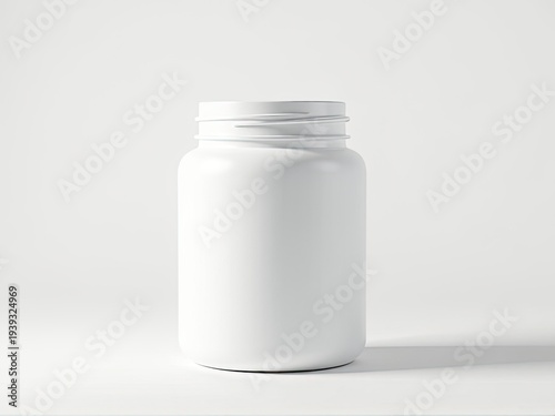 A simple white jar with a lid sitting on a table, great for use in kitchen or office scenes