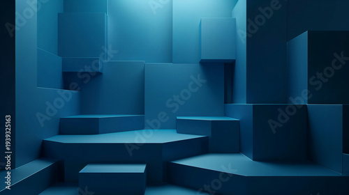 Dark blue stage with multi-layered geometric blocks and dramatic studio lighting, a futuristic podium backdrop for a product presentation. Generative AI.