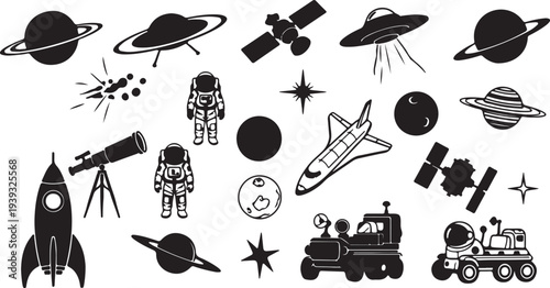 Set of 20 space icons vector, black and white, astronomy symbols