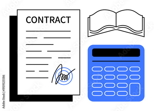 Business agreements, financial management, legal services, documentation, accounting, education. Signed contract with details, calculator and open book. Business agreements and financial management