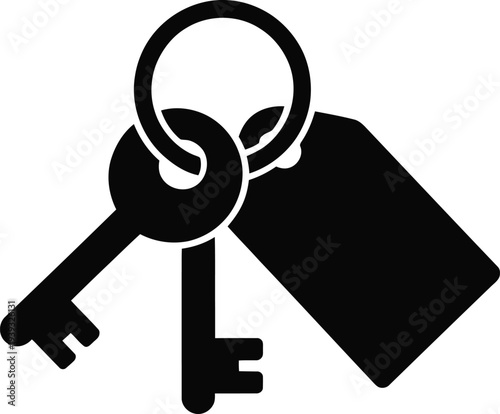 Black silhouette vector icon of two classic metal keys on a keyring with an attached blank rectangular tag, ideal for security, access, or property concepts.