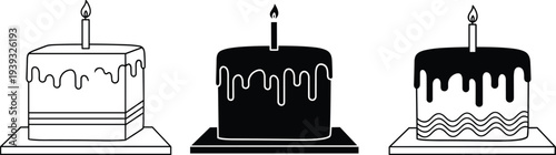 Collection of three birthday cake icons with lit candles, featuring line art and black silhouette designs isolated on white background, vector.