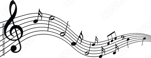Wavy musical staff with black notes and treble clef, flowing melody notation composition isolated on white background, creative music vector.