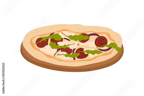 Delicious pizza topped with mozzarella, tomato sauce, salami, onion and arugula greens. Vector illustration isolated on white background.