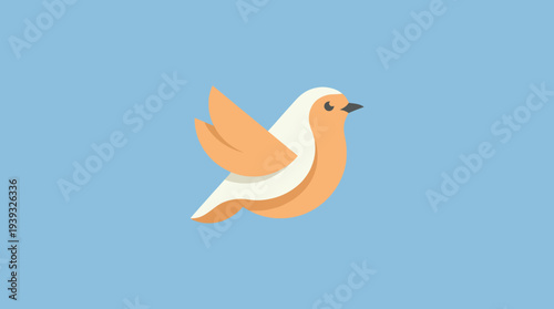 This image features a stylized bird with a soft, rounded shape and warm colors, evoking a sense of joy and freedom in a serene, light blue atmosphere.