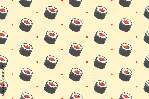 Sushi Roll Seamless Pattern Food Background. Japanese Food With Salmon Maki for Wrapping Paper Vector Design
