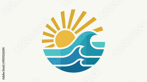 A serene beach landscape showcasing gentle waves and a bright sun rising above the horizon, embodying the essence of relaxation, joy, and natural beauty in summer.