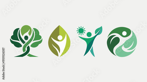 A collection of human forms integrated with nature symbols, reflecting health, wellness, and environmental consciousness, ideal for projects promoting sustainability and lifestyle.