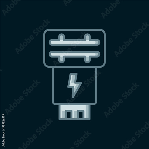 Line Photo camera flash icon isolated on black background. Flat filled outline style with shadow. Vector