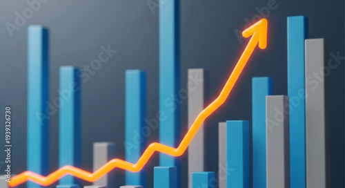A 3D rendered bar graph with an ascending orange arrow indicating growth and progress.