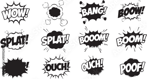 Set of 12 comic book explosion sound effect icons vector